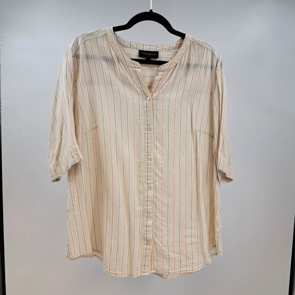 Lane Bryant Blouse Plus‎ 14/16 Linen Blend Striped Button Front Peasant Cream 1X - Picture 1 of 6